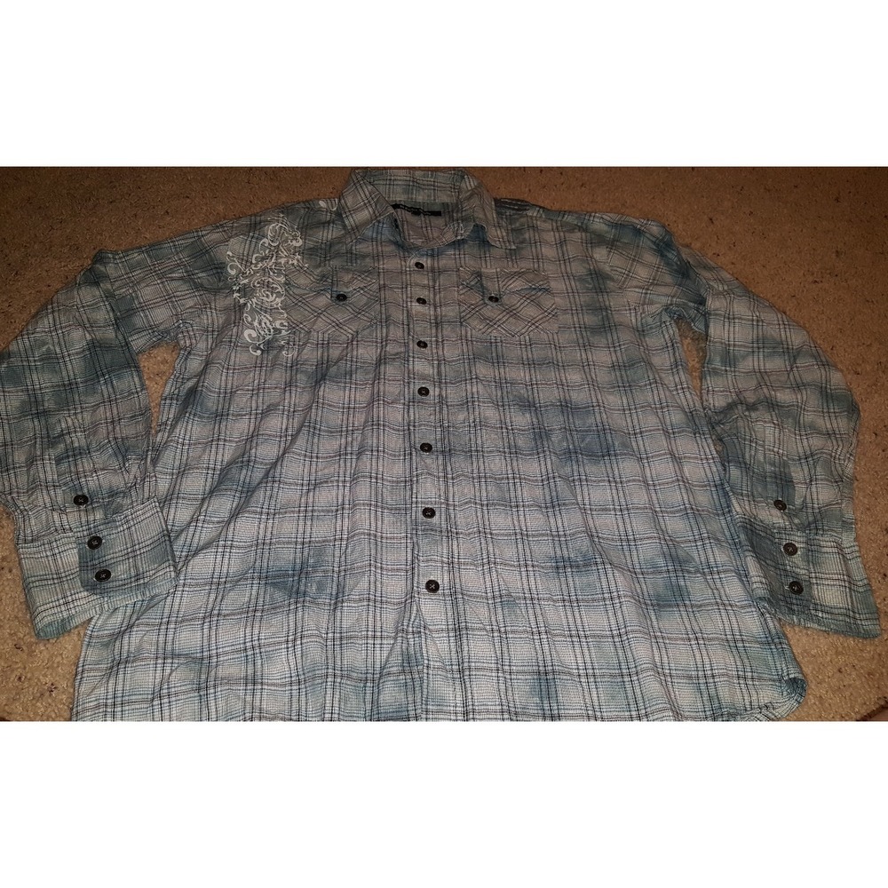 Carbon Men's XXL 2XL Shirt Blue White Gray Plaid Long Sleeve Western Bottom‎